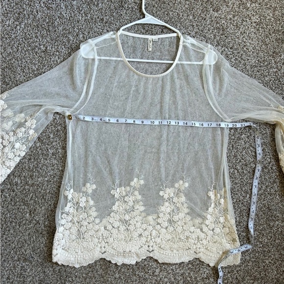 Ultra Pink OffWhite Cream Sheer Flowy Boho Bohemian Lace Blouse Summer Large - Picture 5 of 6